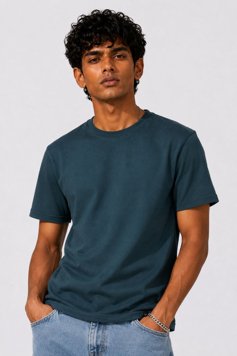 Mens Regular Fit Teal Solid T-Shirt - Image 2