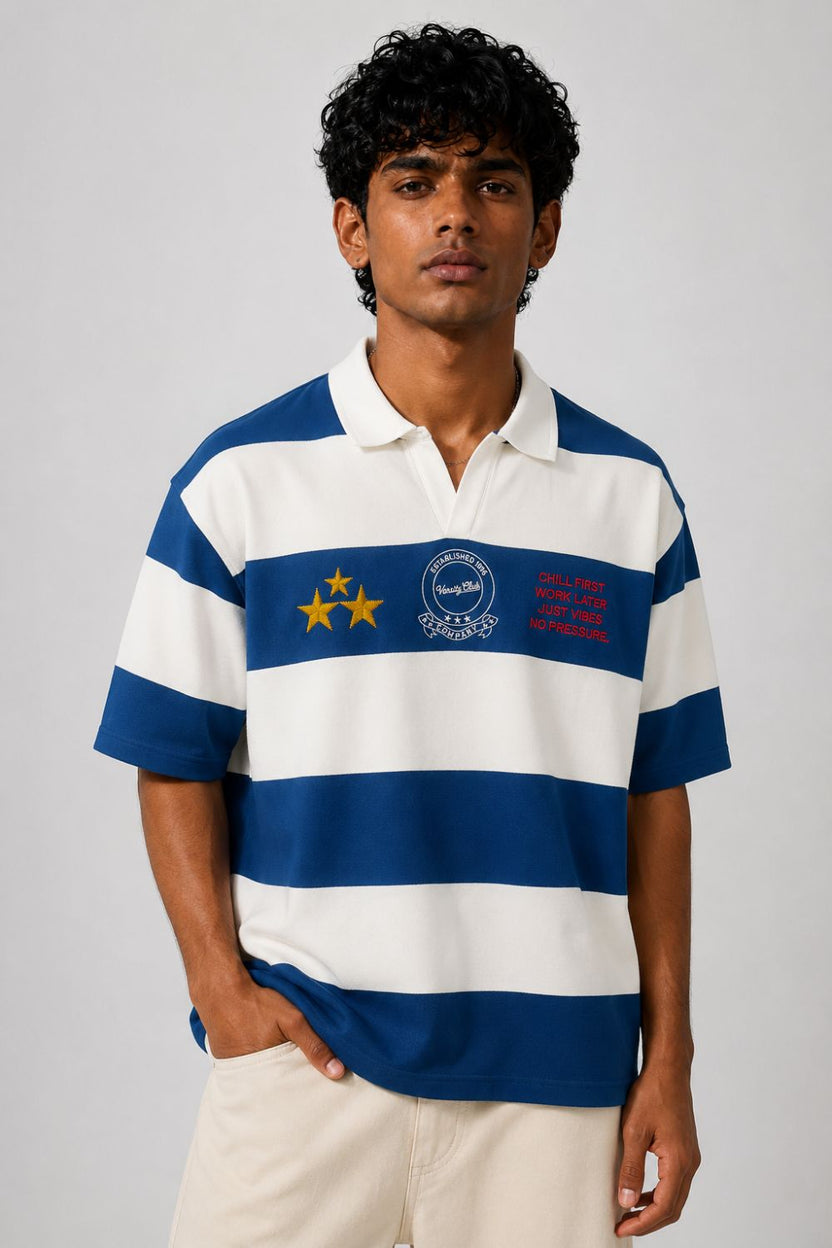 Mens Relaxed Fit Blue Striped Polos T-Shirt - Image 2