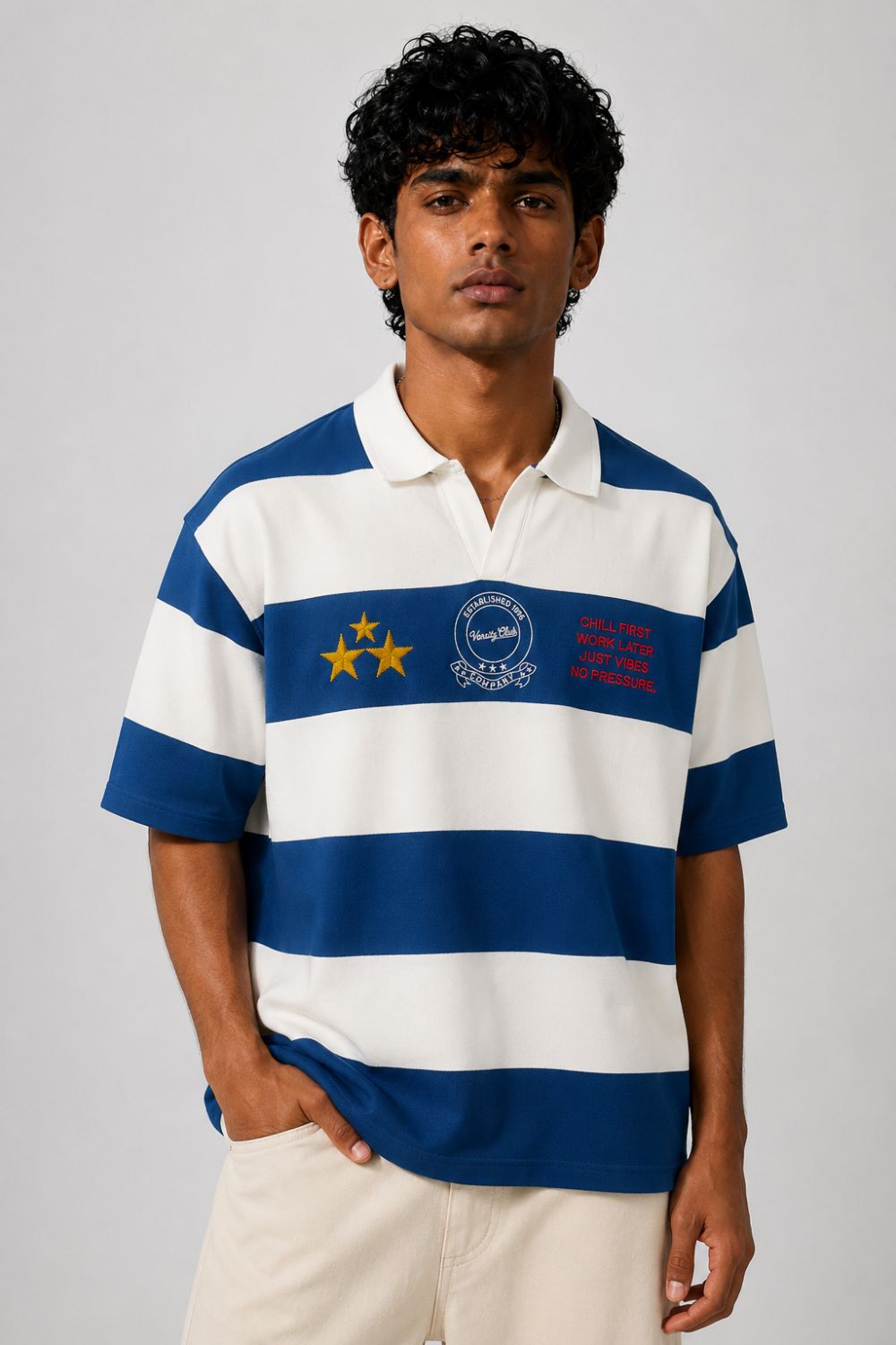 Mens Relaxed Fit Blue Striped Polos T-Shirt - Image 2