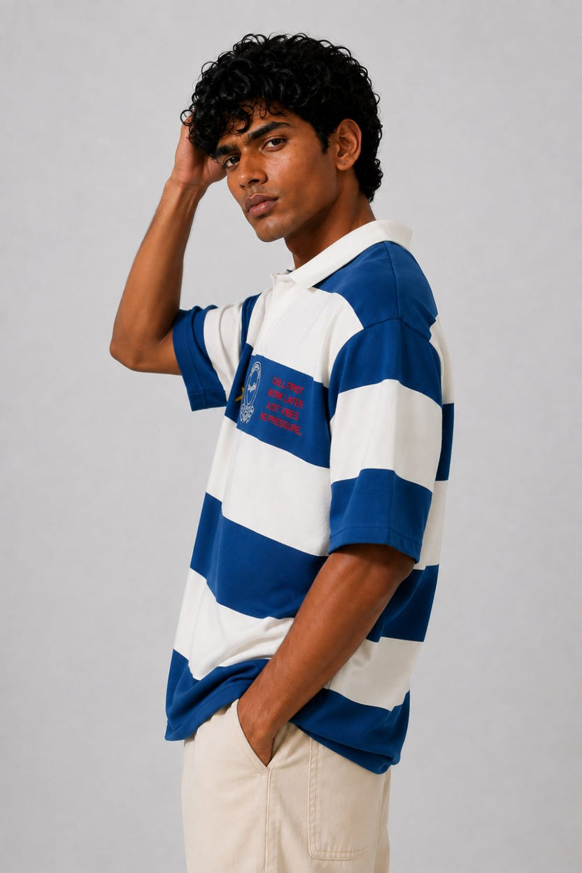 Mens Relaxed Fit Blue Striped Polos T-Shirt - Image 4