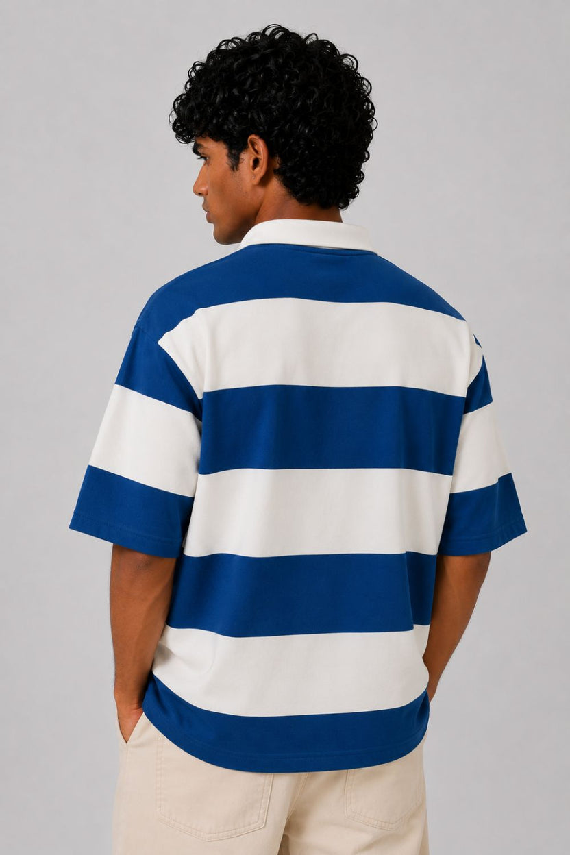 Mens Relaxed Fit Blue Striped Polos T-Shirt - Image 5