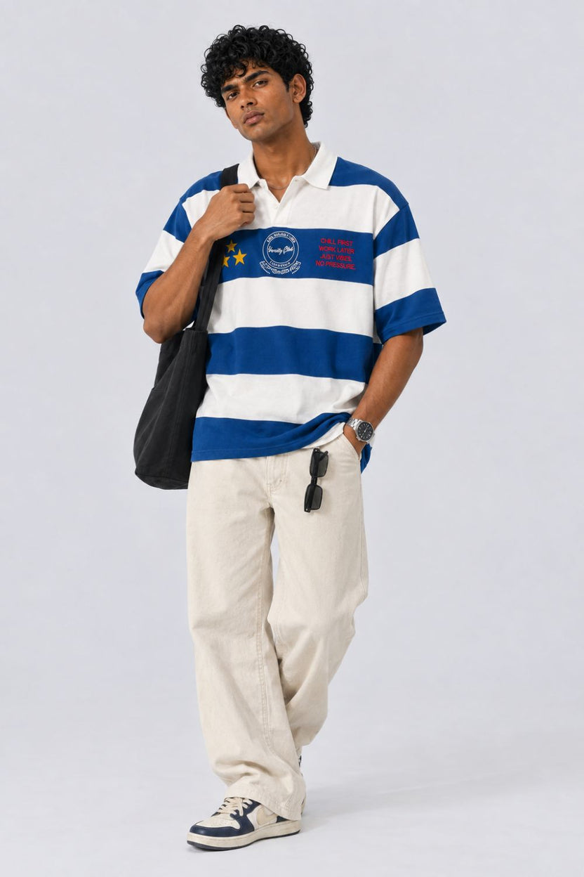 Mens Relaxed Fit Blue Striped Polos T-Shirt - Image 6