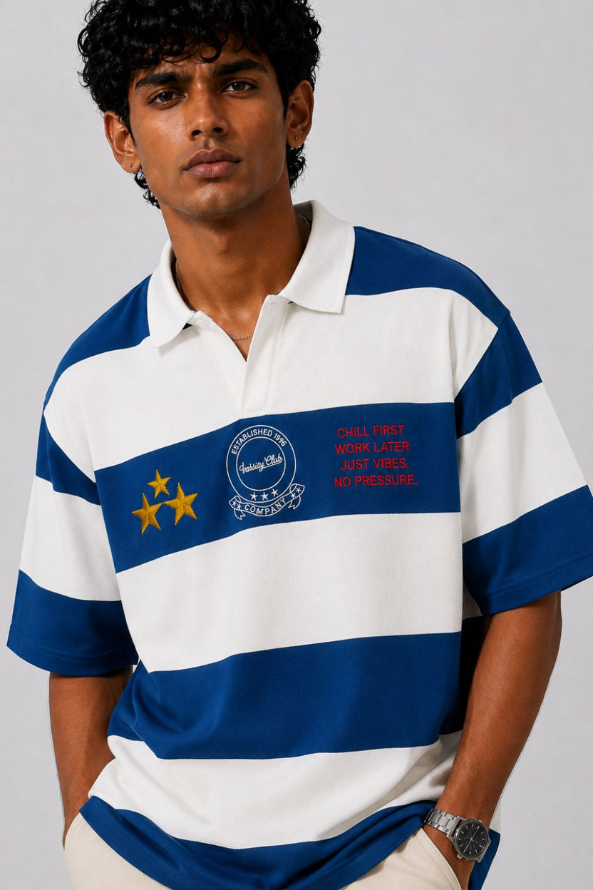 Mens Relaxed Fit Blue Striped Polos T-Shirt - Image 9
