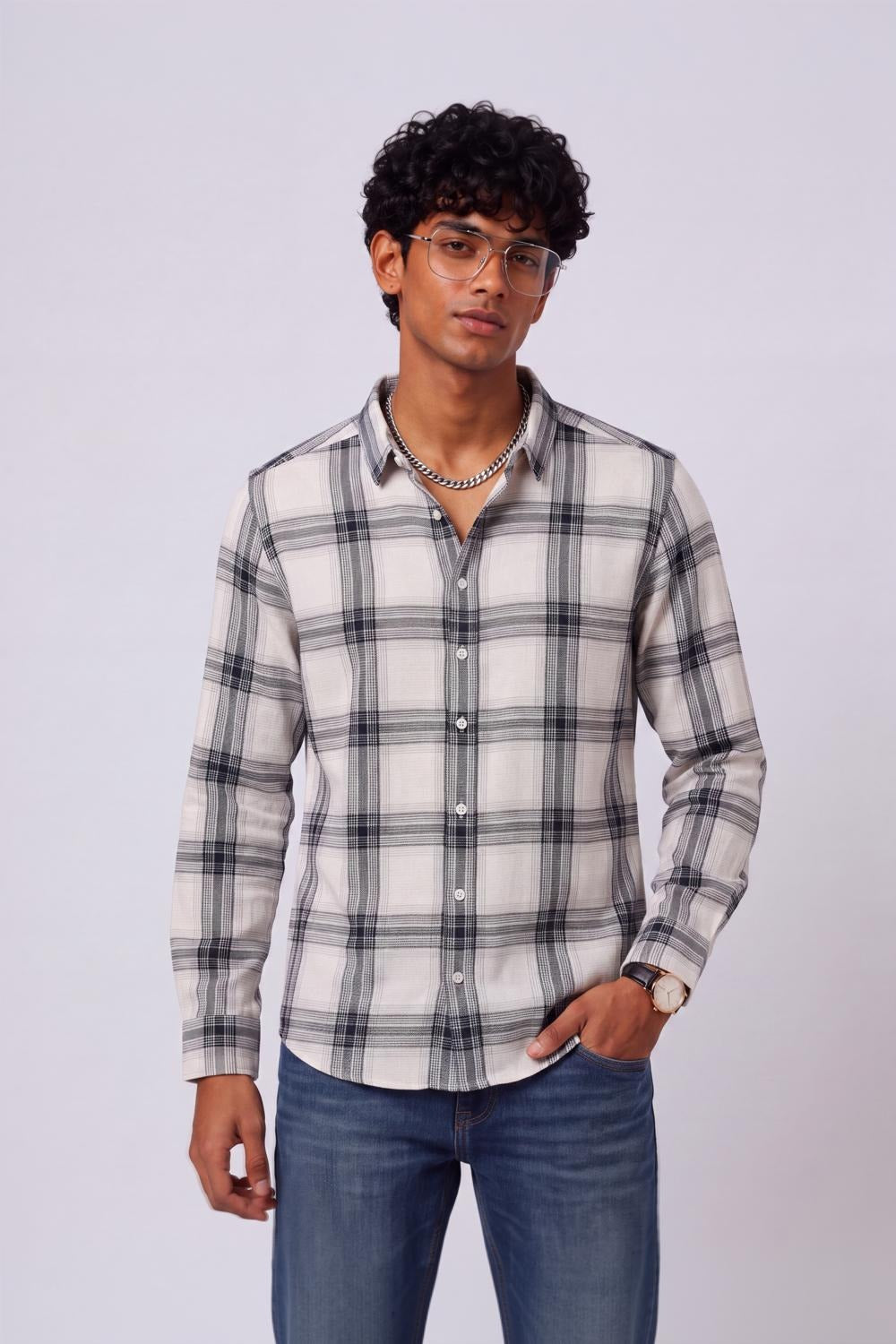 Mens Regular Fit White Checked Casual Shirt - Image 1