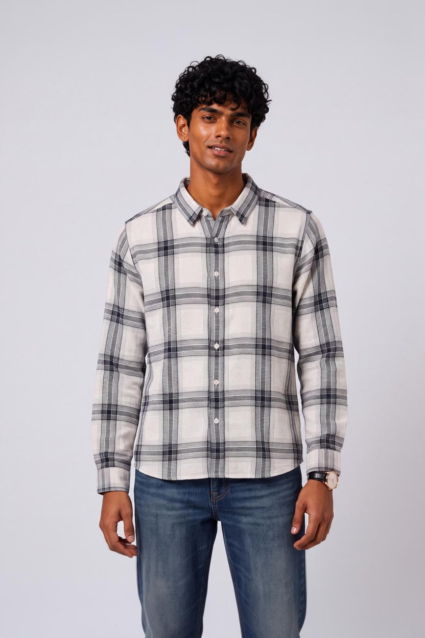Mens Regular Fit White Checked Casual Shirt - Image 2