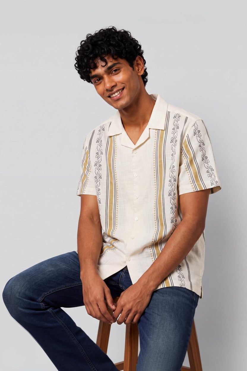 Mens Regular Fit Yellow Striped Casual Shirt - Image 1