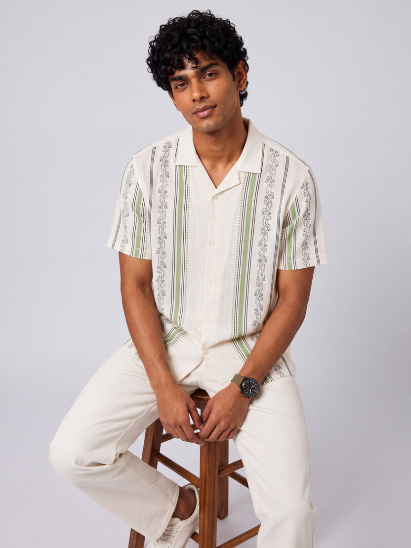 Mens Boxy Fit Green Striped Casual Shirt - Image 1