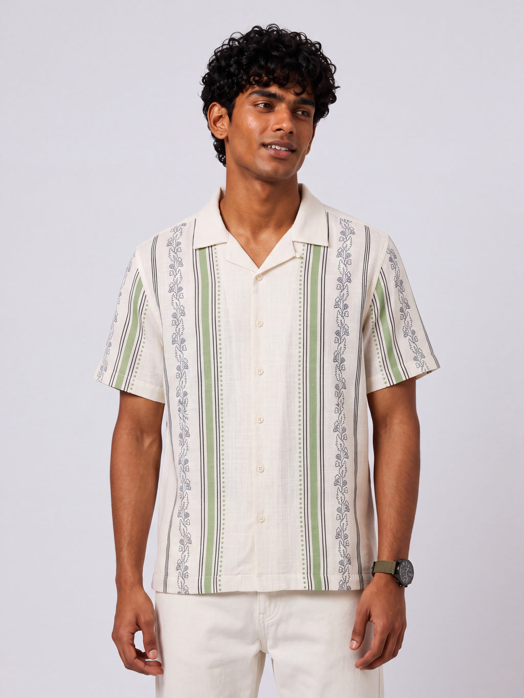 Mens Boxy Fit Green Striped Casual Shirt - Image 2