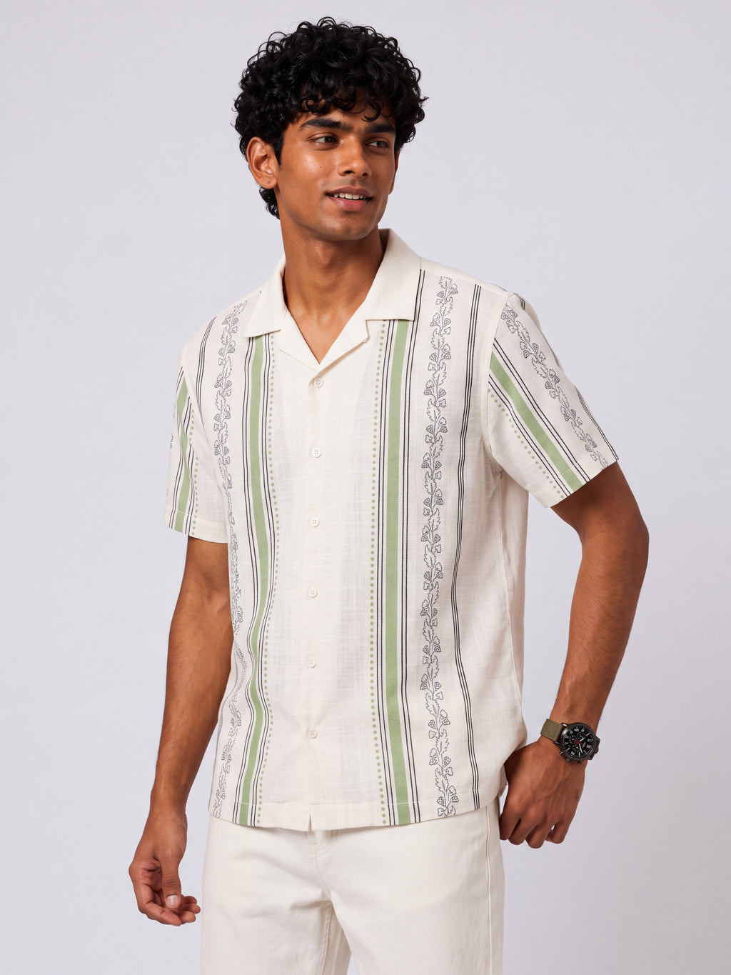 Mens Boxy Fit Green Striped Casual Shirt - Image 4
