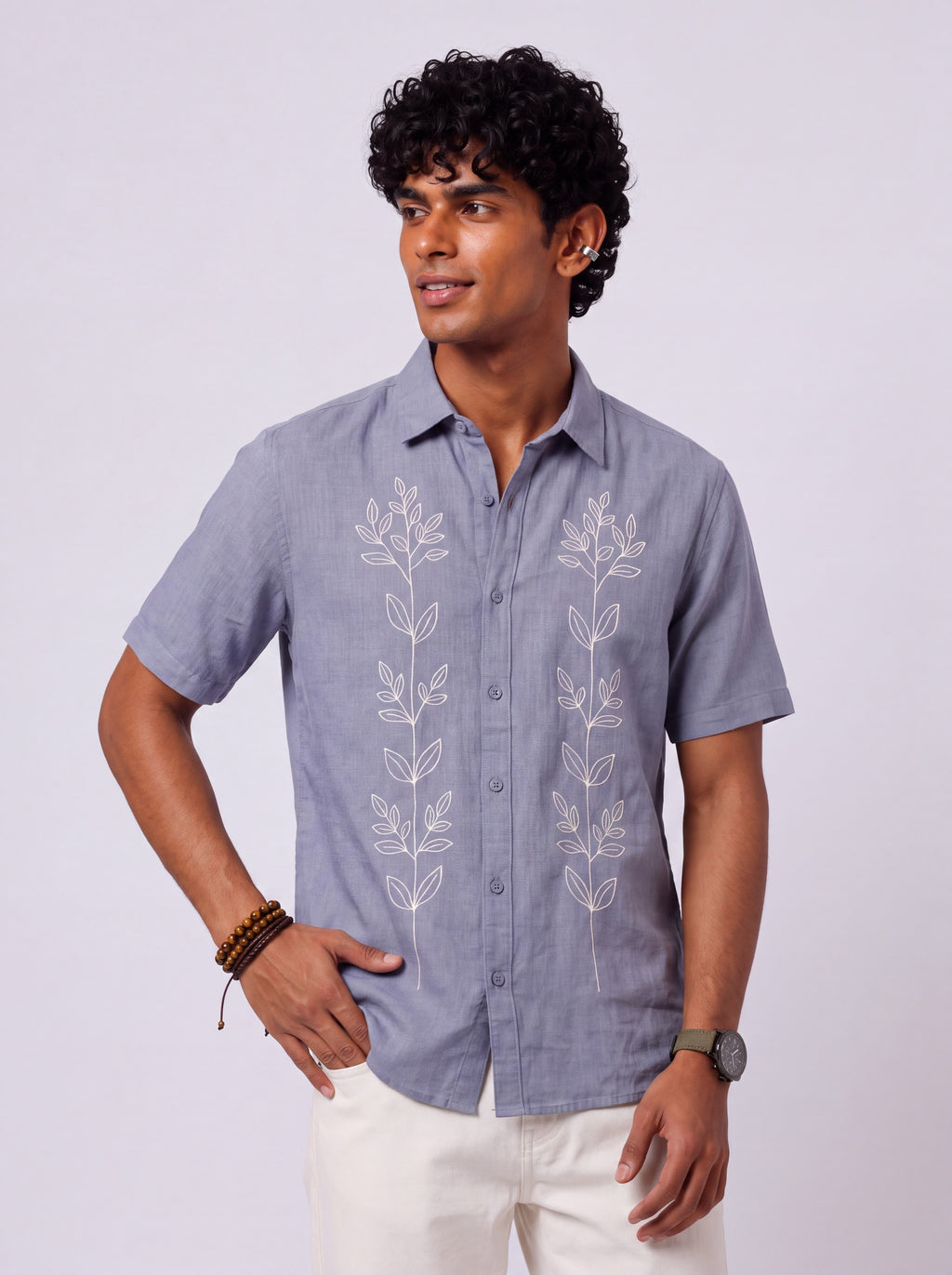 Mens Regular Fit Light Blue Embroidered Casual Shirt - Image 1