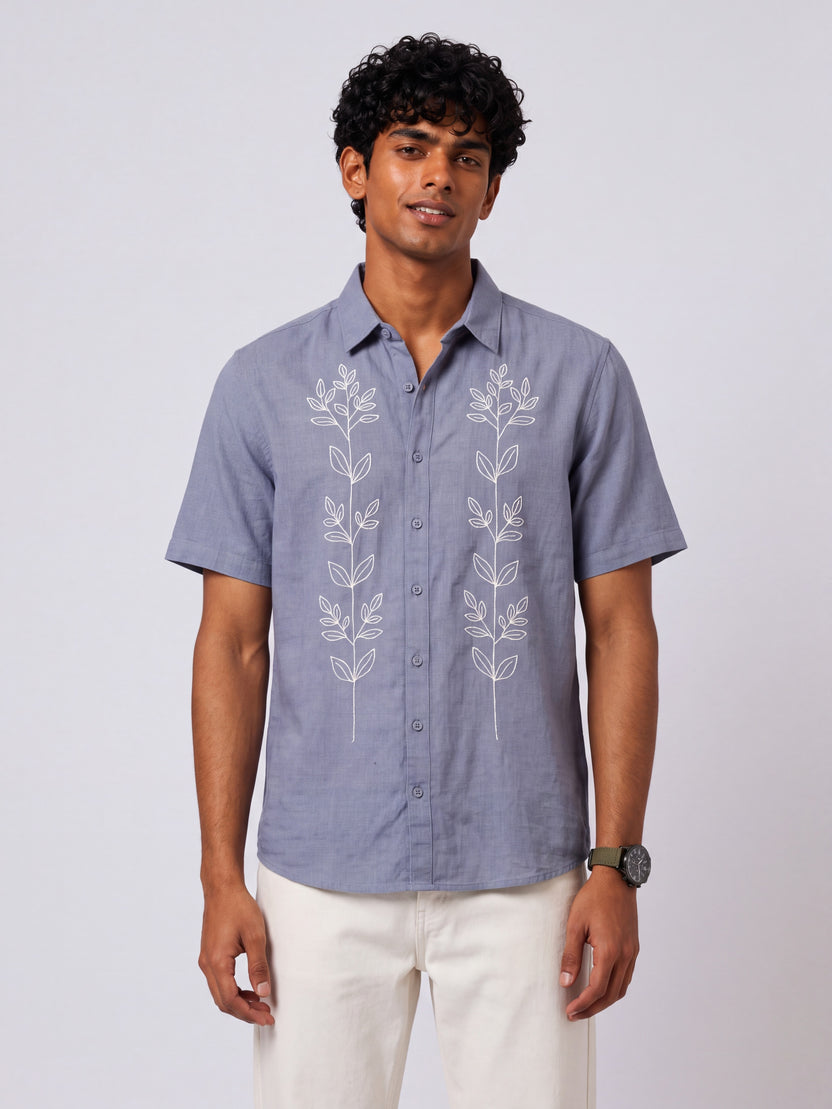 Mens Regular Fit Light Blue Embroidered Casual Shirt - Image 2