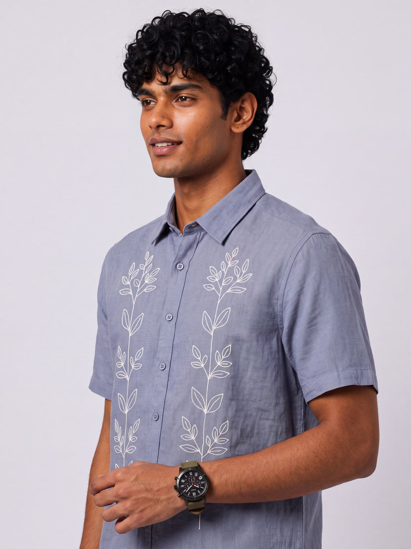Mens Regular Fit Light Blue Embroidered Casual Shirt - Image 3