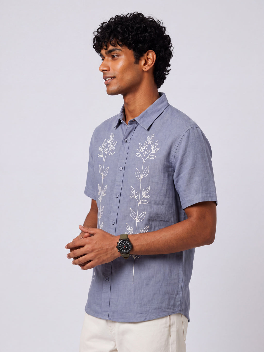 Mens Regular Fit Light Blue Embroidered Casual Shirt - Image 4