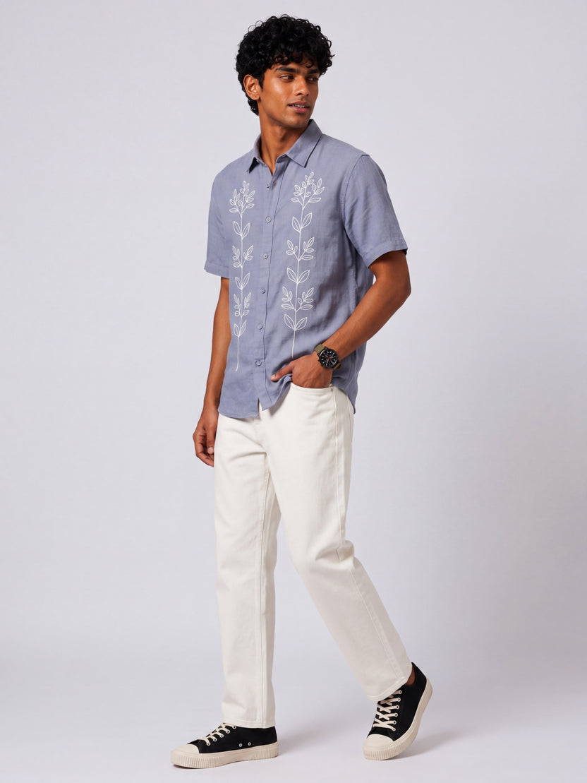 Mens Regular Fit Light Blue Embroidered Casual Shirt - Image 6