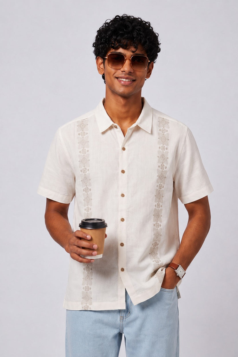 Mens Regular Fit Off White Embroidered Casual Shirt - Image 1