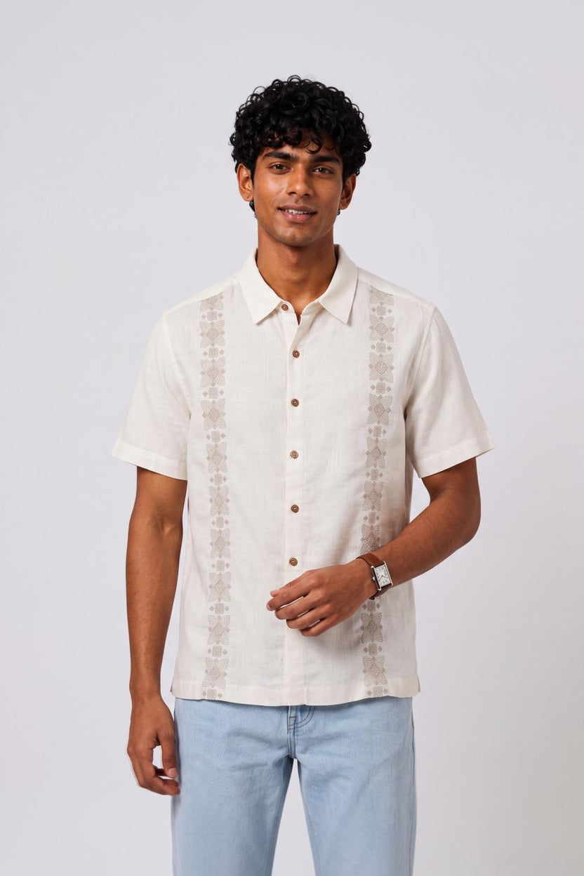 Mens Regular Fit Off White Embroidered Casual Shirt - Image 2