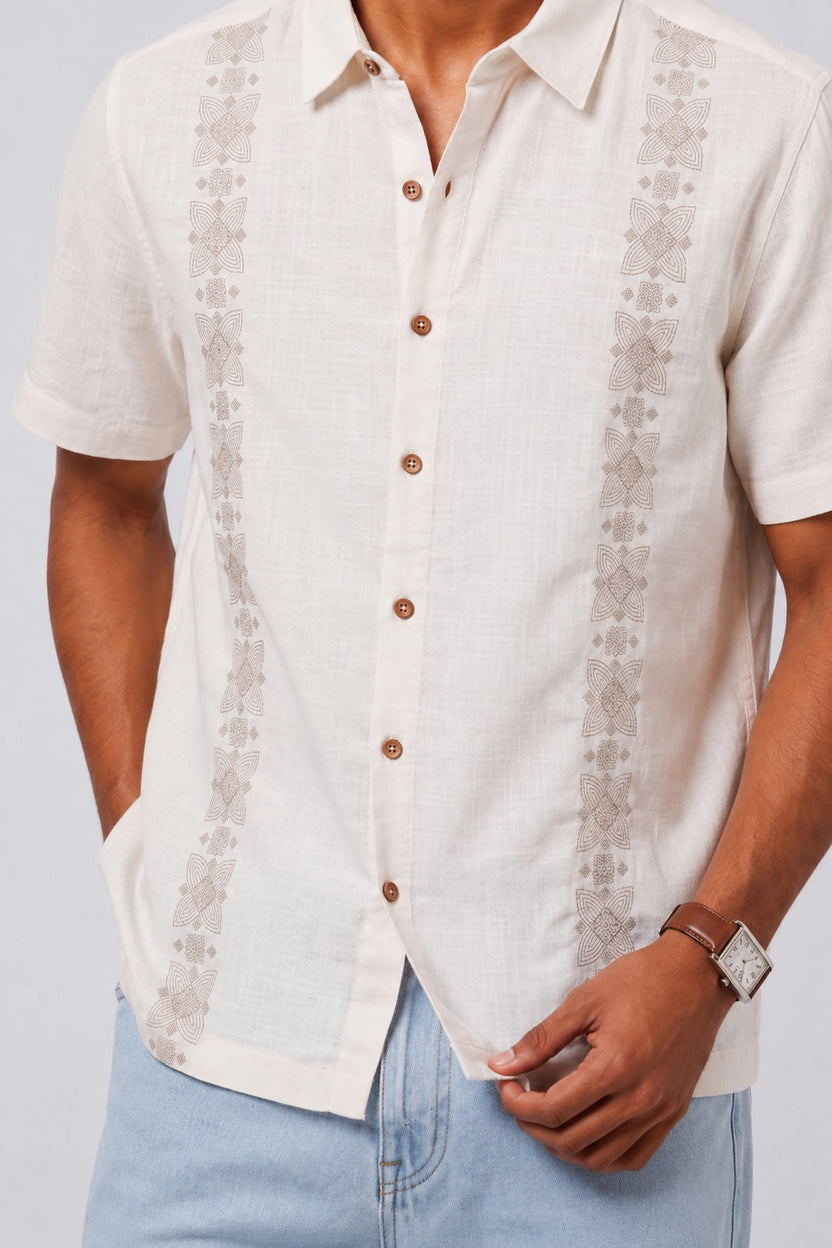 Mens Regular Fit Off White Embroidered Casual Shirt - Image 3