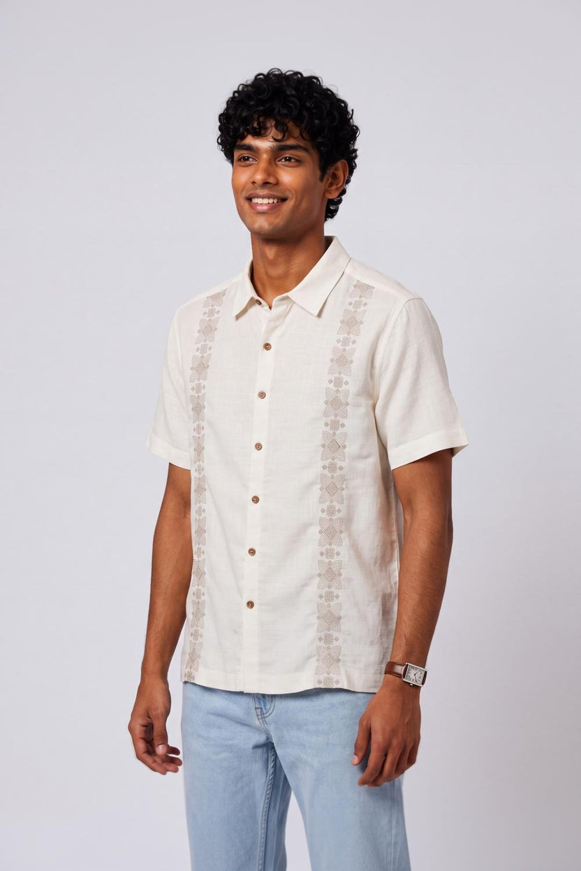 Mens Regular Fit Off White Embroidered Casual Shirt - Image 4
