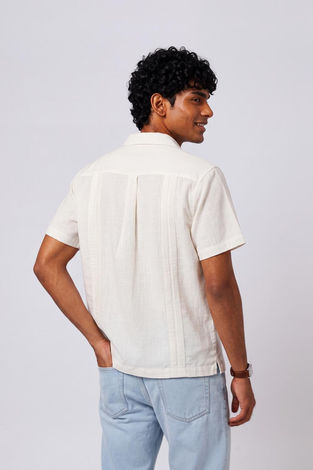 Mens Regular Fit Off White Embroidered Casual Shirt - Image 5