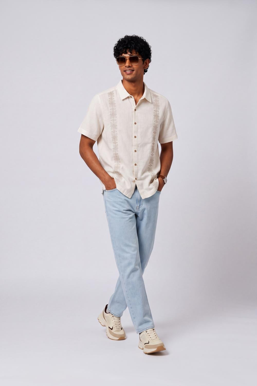 Mens Regular Fit Off White Embroidered Casual Shirt - Image 6