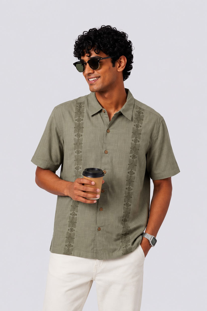 Mens Regular Fit Olive Embroidered Casual Shirt - Image 1
