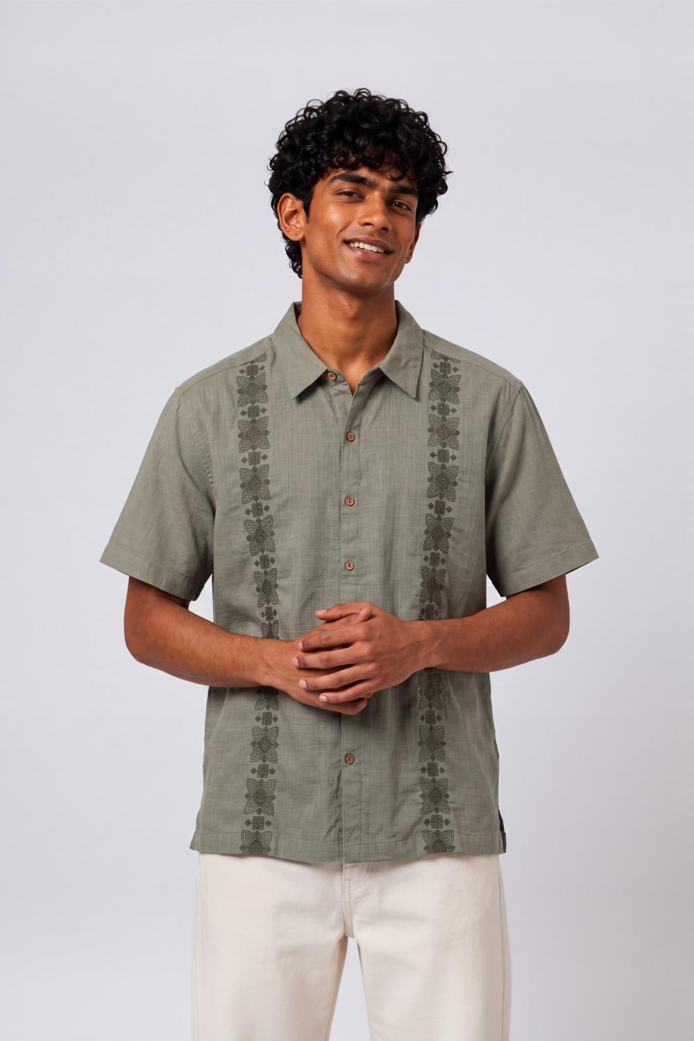 Mens Regular Fit Olive Embroidered Casual Shirt - Image 2