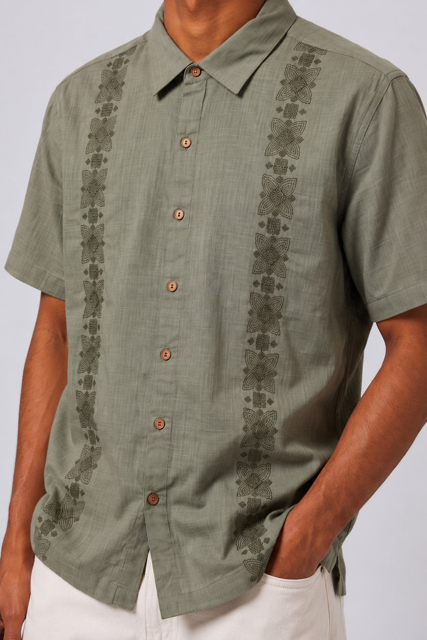 Mens Regular Fit Olive Embroidered Casual Shirt - Image 3
