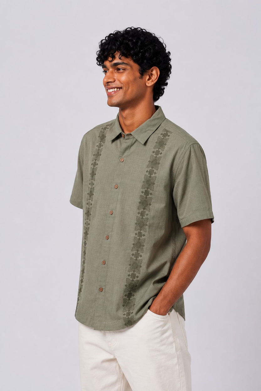 Mens Regular Fit Olive Embroidered Casual Shirt - Image 4