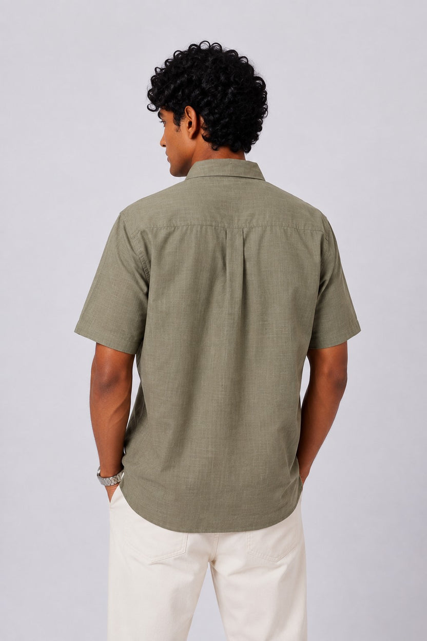 Mens Regular Fit Olive Embroidered Casual Shirt - Image 5