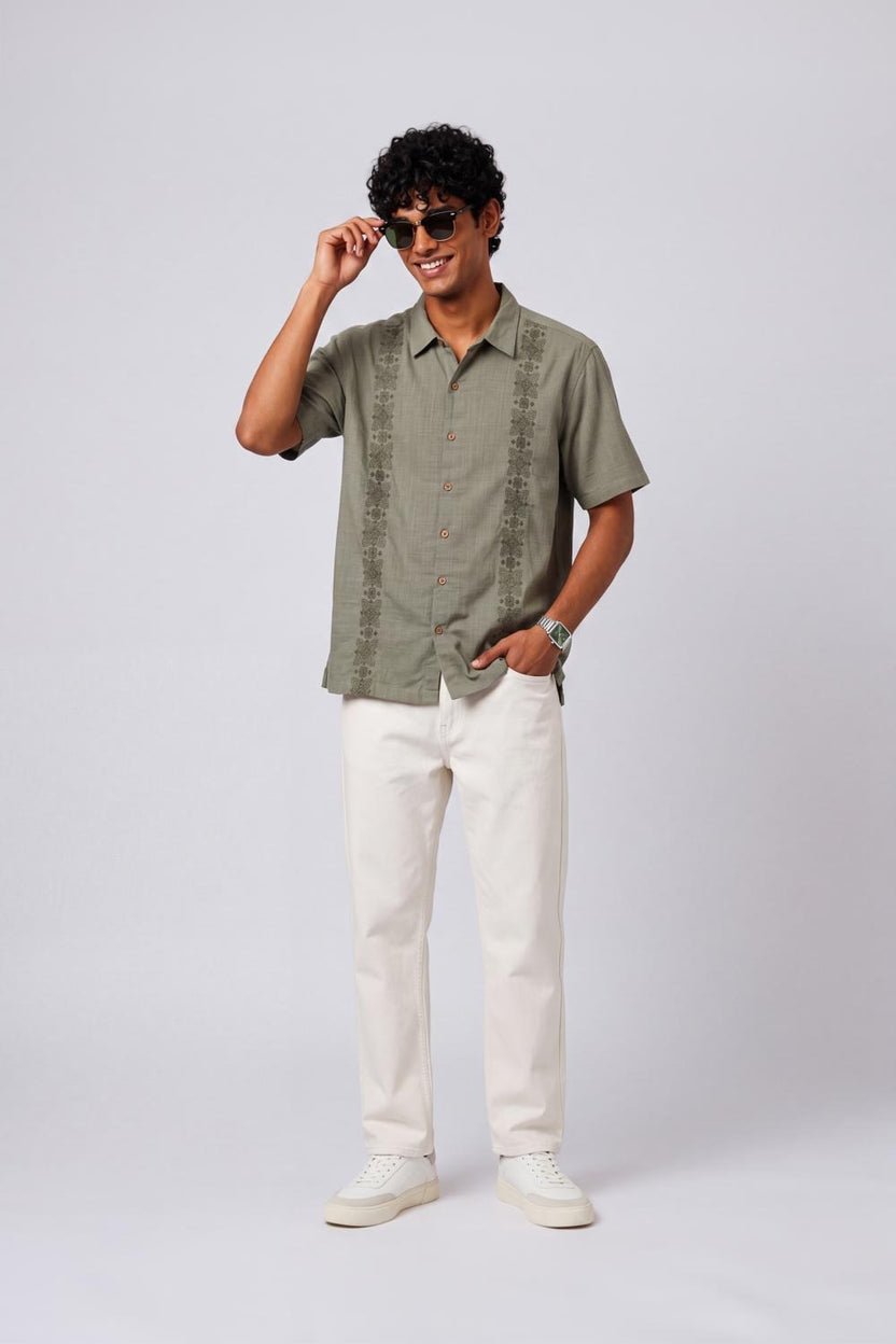 Mens Regular Fit Olive Embroidered Casual Shirt - Image 6