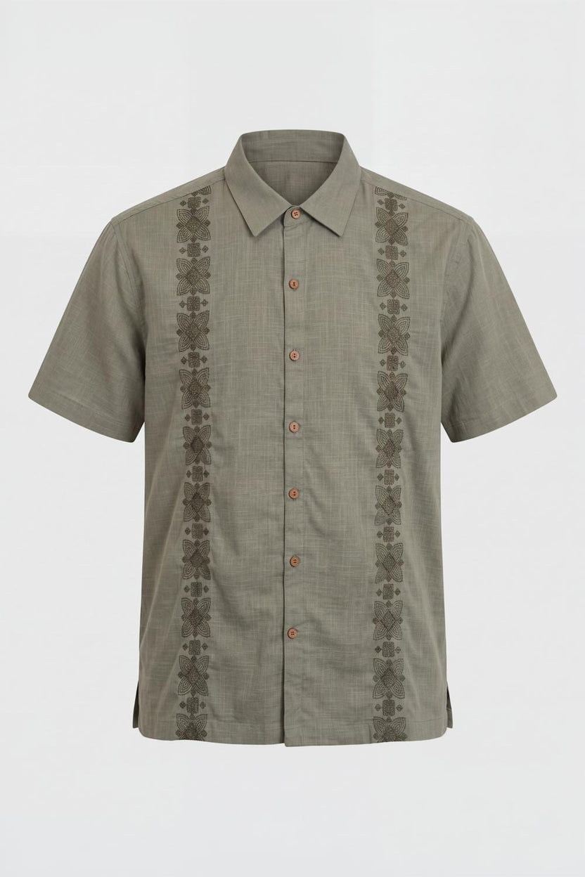 Mens Regular Fit Olive Embroidered Casual Shirt - Image 7