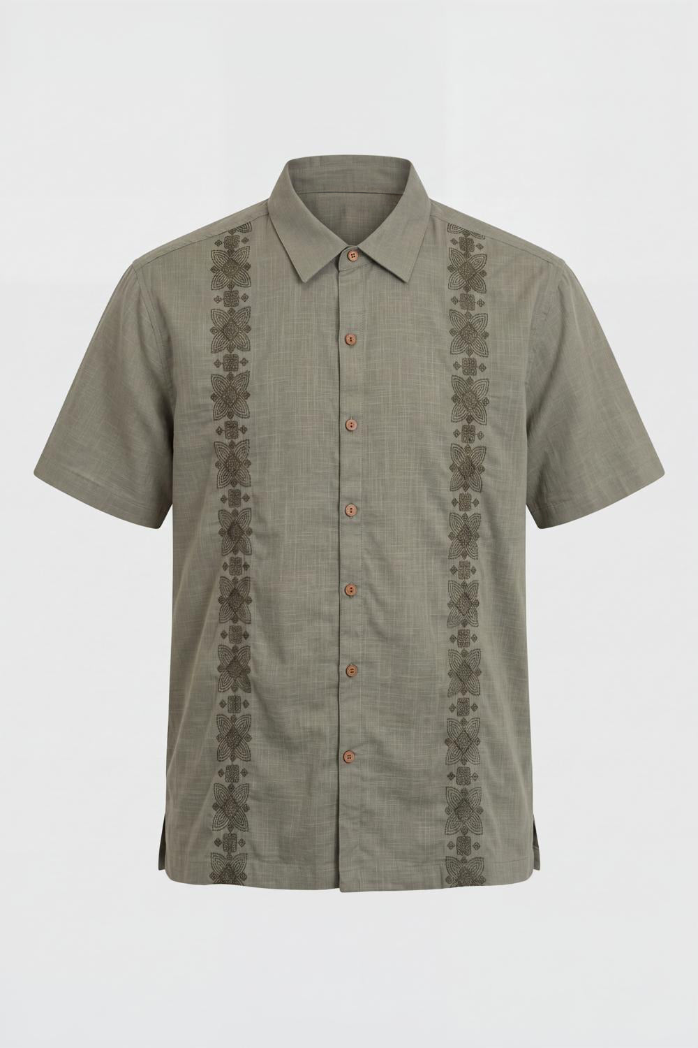 Mens Regular Fit Olive Embroidered Casual Shirt - Image 7