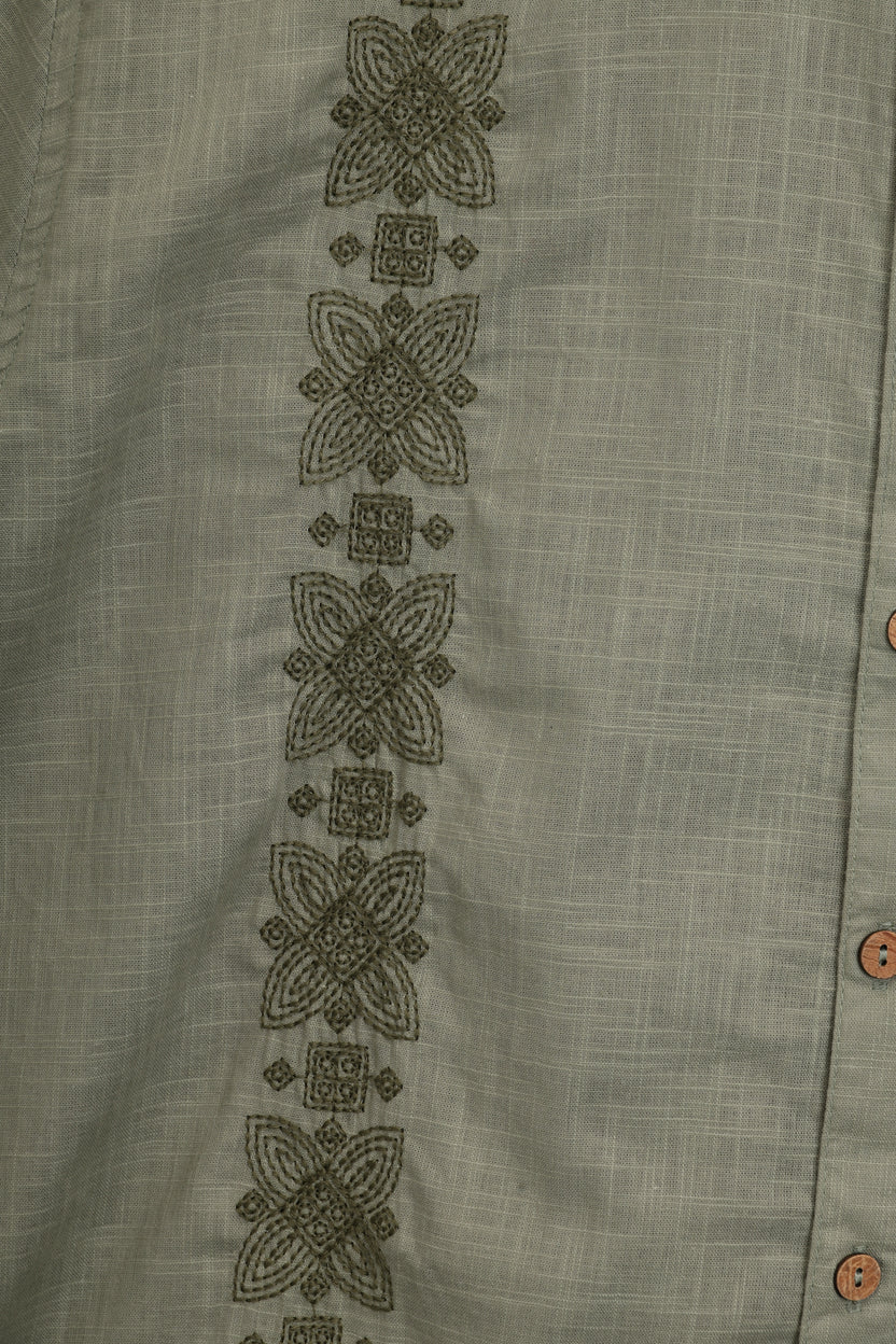 Mens Regular Fit Olive Embroidered Casual Shirt - Image 8