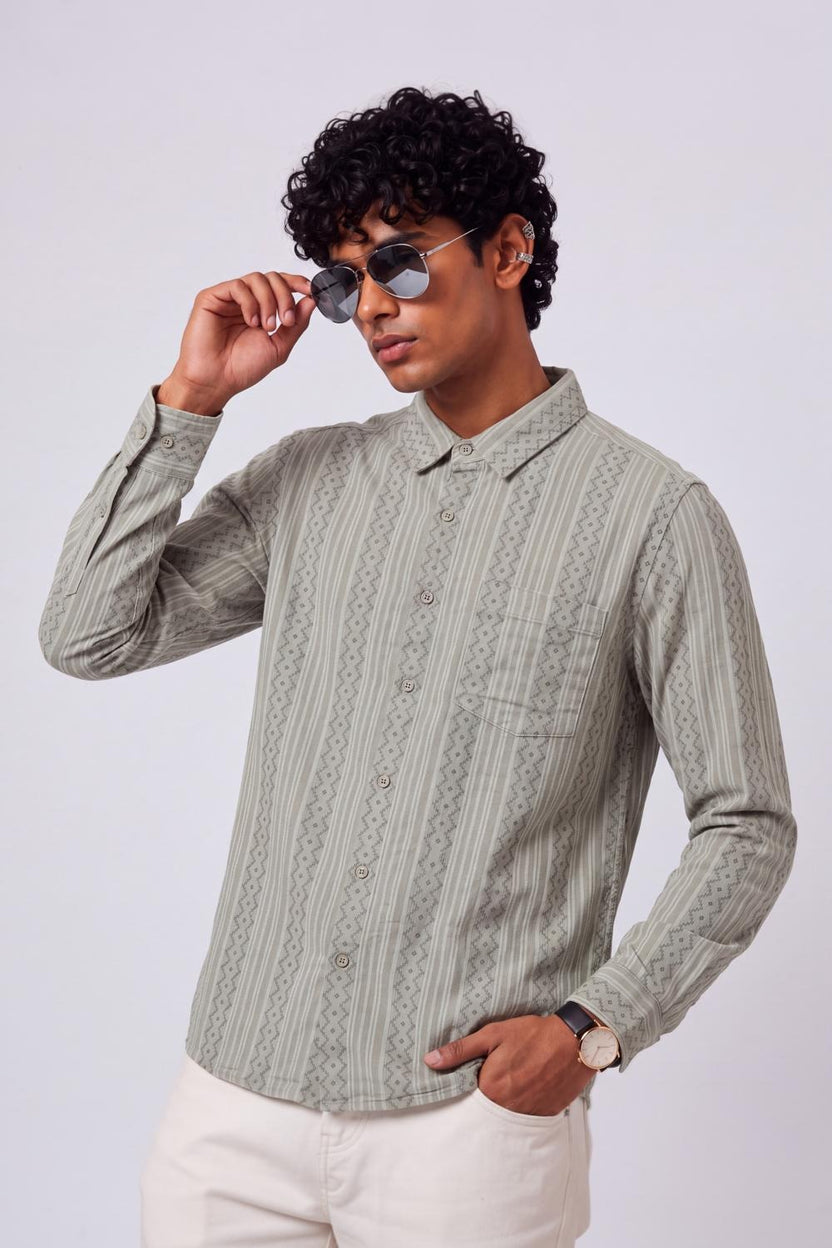 Mens Regular Fit Olive Striped Casual Shirt - Image 1