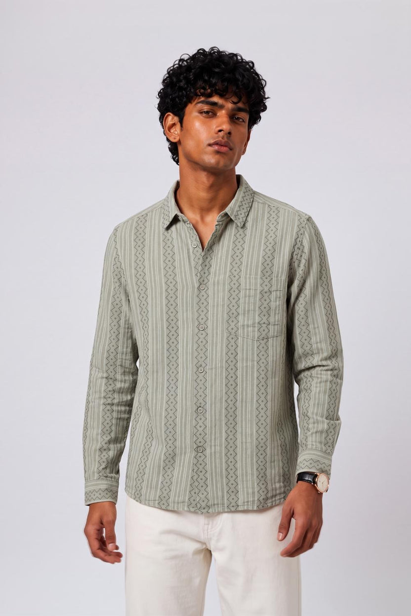 Mens Regular Fit Olive Striped Casual Shirt - Image 2