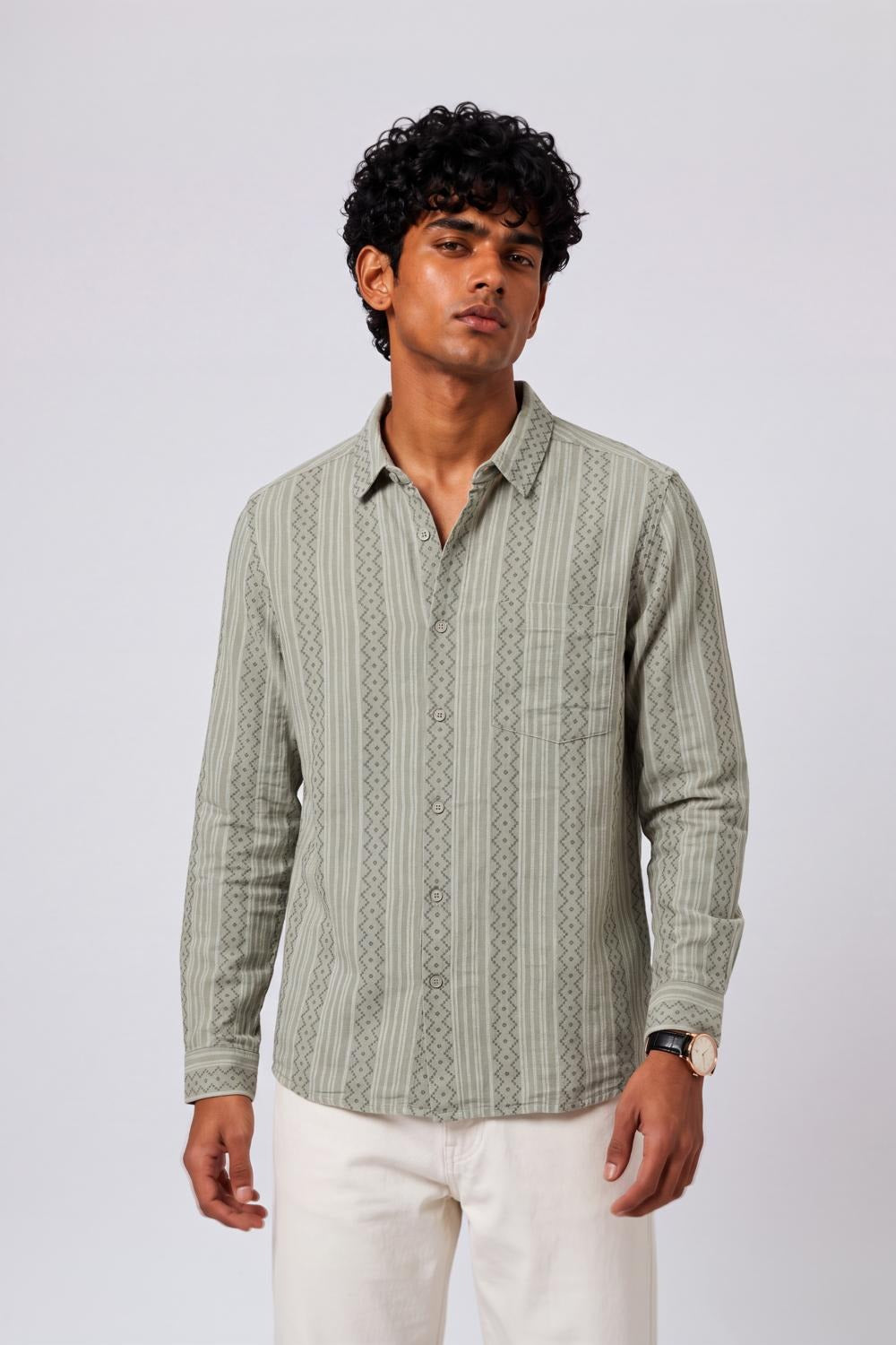 Mens Regular Fit Olive Striped Casual Shirt - Image 2