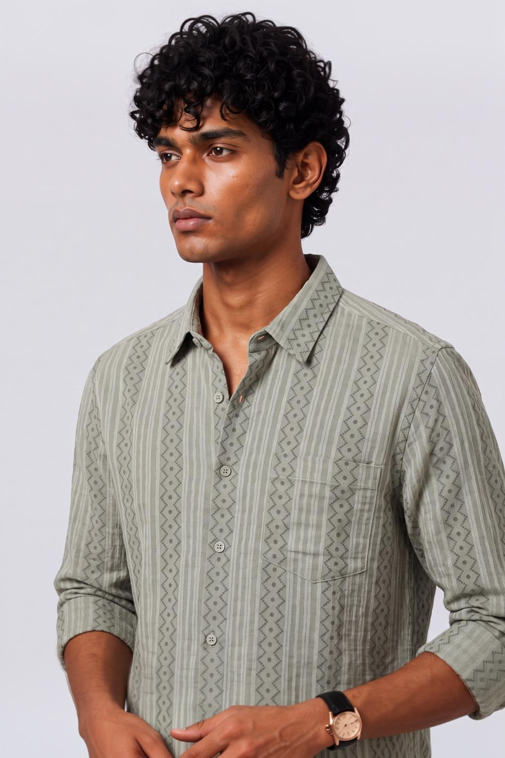 Mens Regular Fit Olive Striped Casual Shirt - Image 3