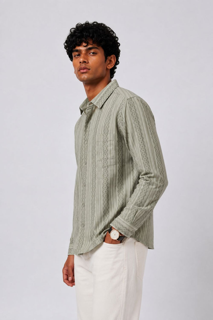 Mens Regular Fit Olive Striped Casual Shirt - Image 4