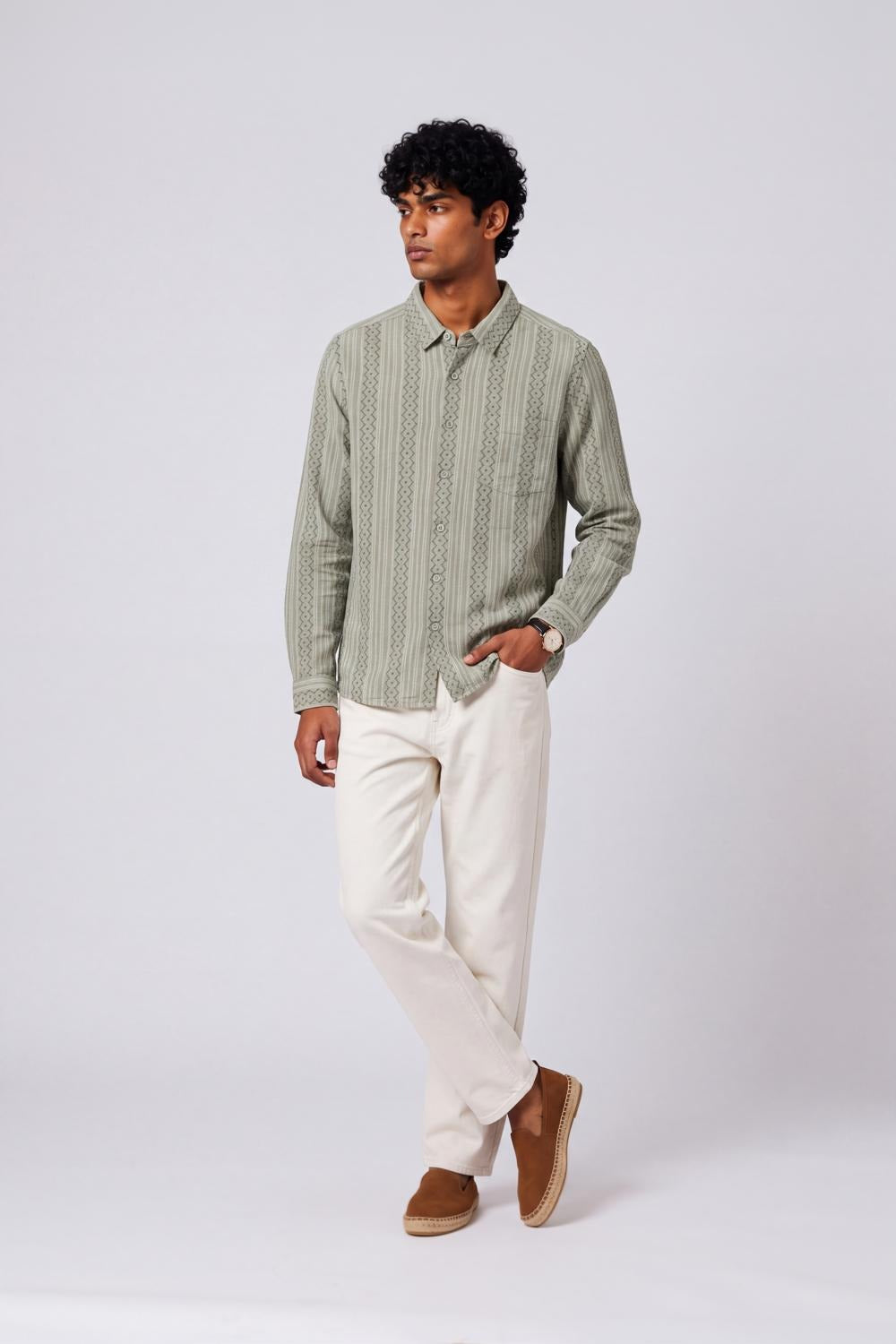 Mens Regular Fit Olive Striped Casual Shirt - Image 6