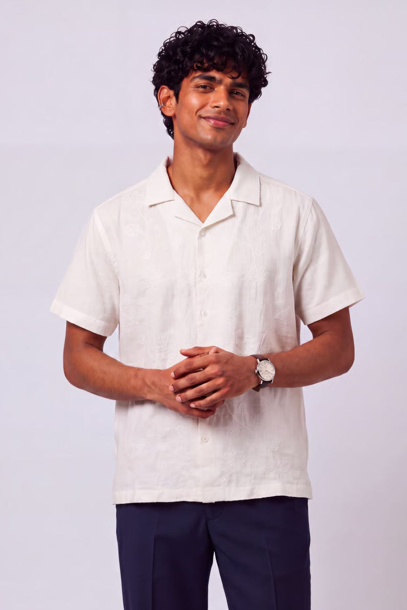 Mens Regular Fit Off White Embroidered Casual Shirt - Image 1