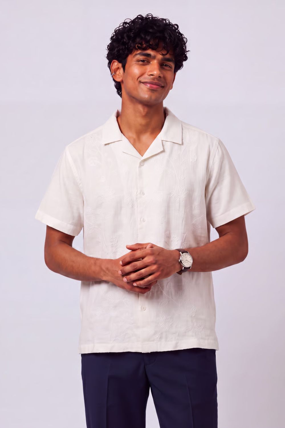 Mens Regular Fit Off White Embroidered Casual Shirt - Image 1