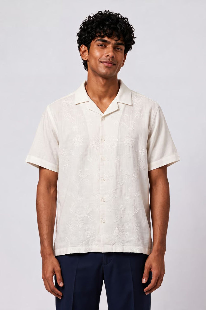 Mens Regular Fit Off White Embroidered Casual Shirt - Image 2