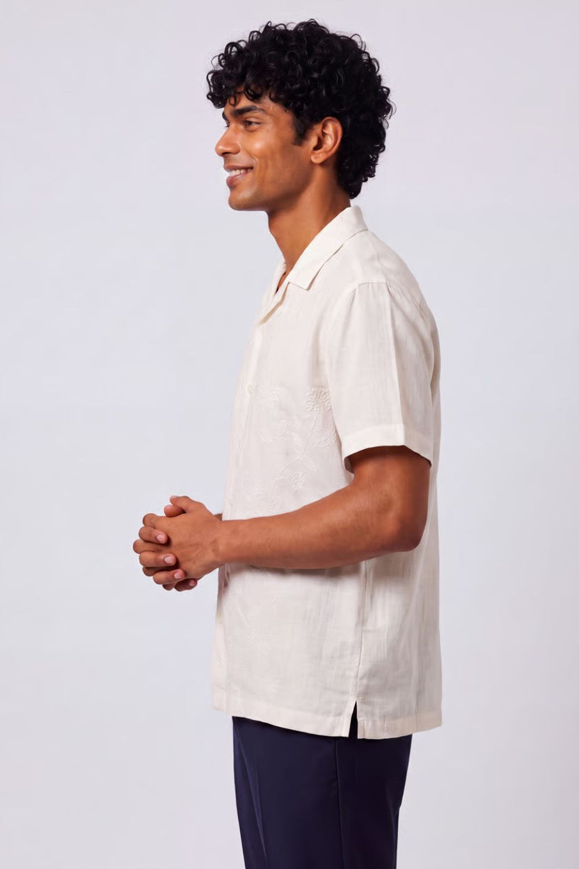 Mens Regular Fit Off White Embroidered Casual Shirt - Image 4