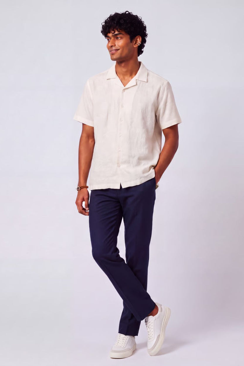 Mens Regular Fit Off White Embroidered Casual Shirt - Image 6