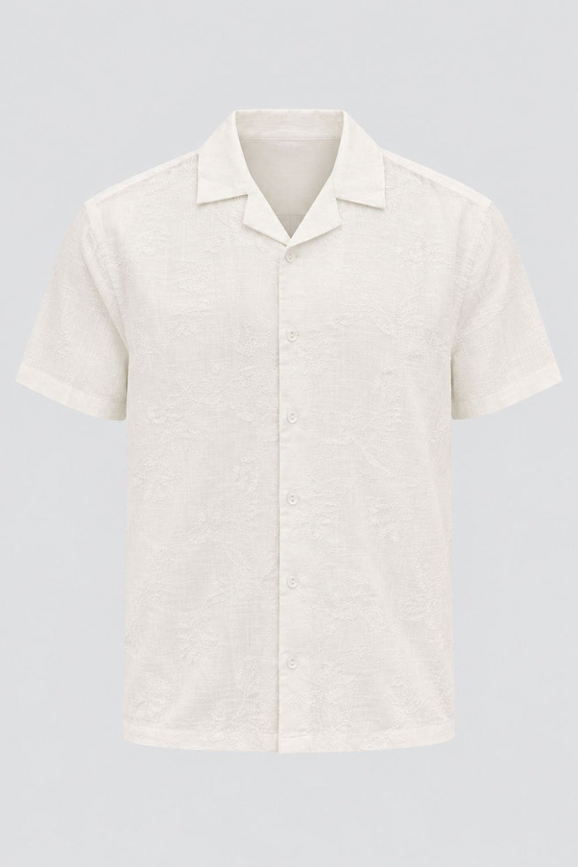 Mens Regular Fit Off White Embroidered Casual Shirt - Image 7