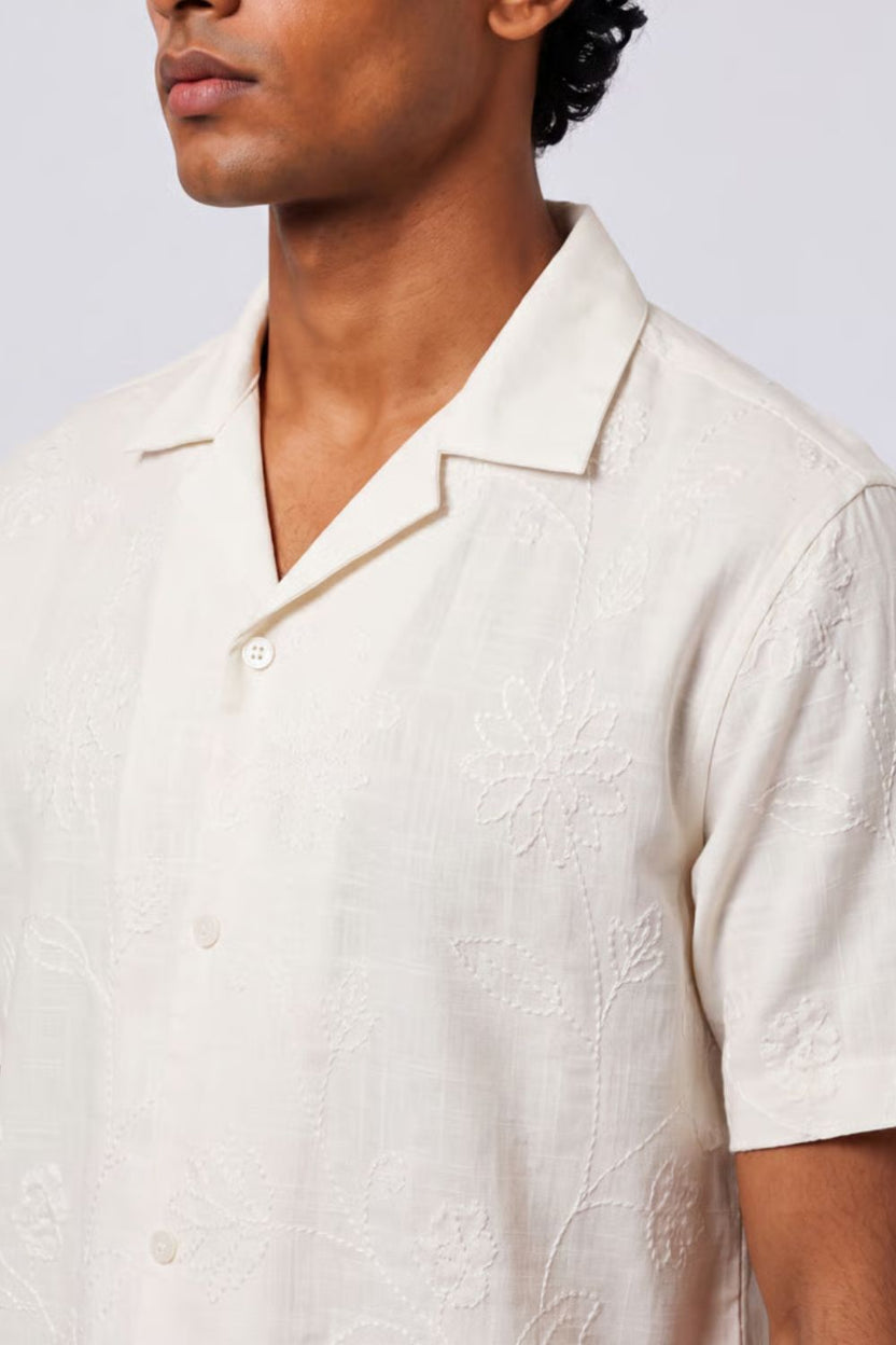 Mens Regular Fit Off White Embroidered Casual Shirt - Image 9