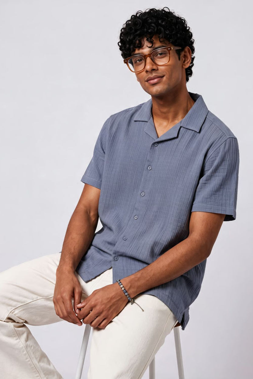 Mens Regular Fit Blue Self Design Casual Shirt - Image 1