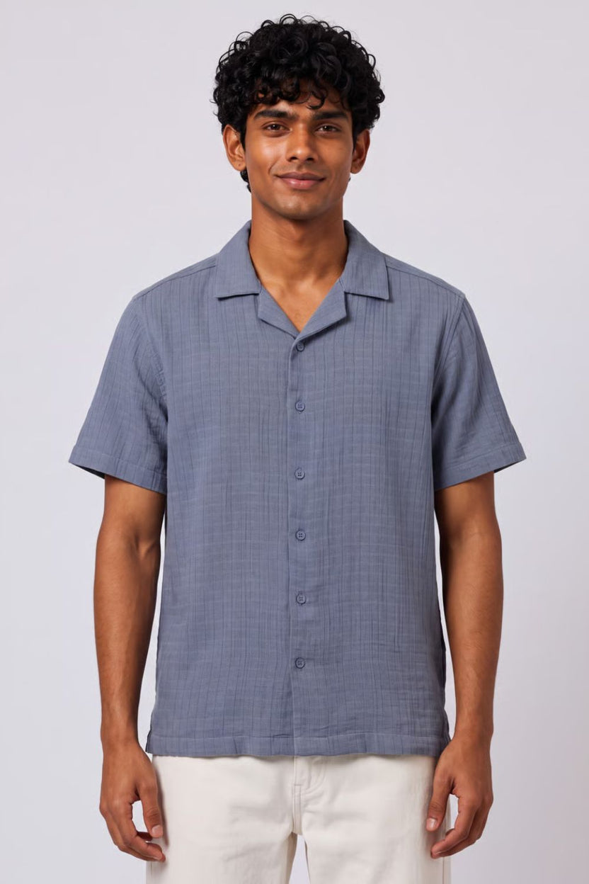 Mens Regular Fit Blue Self Design Casual Shirt - Image 2