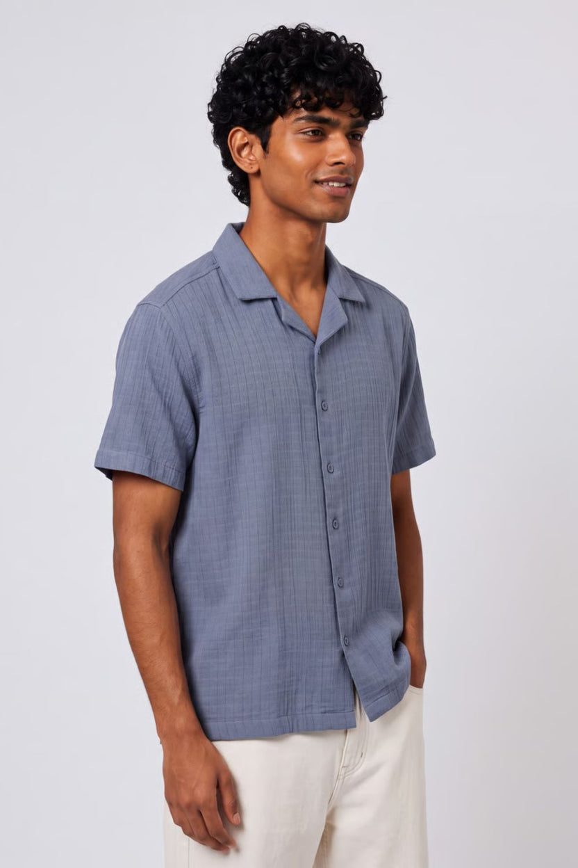 Mens Regular Fit Blue Self Design Casual Shirt - Image 4
