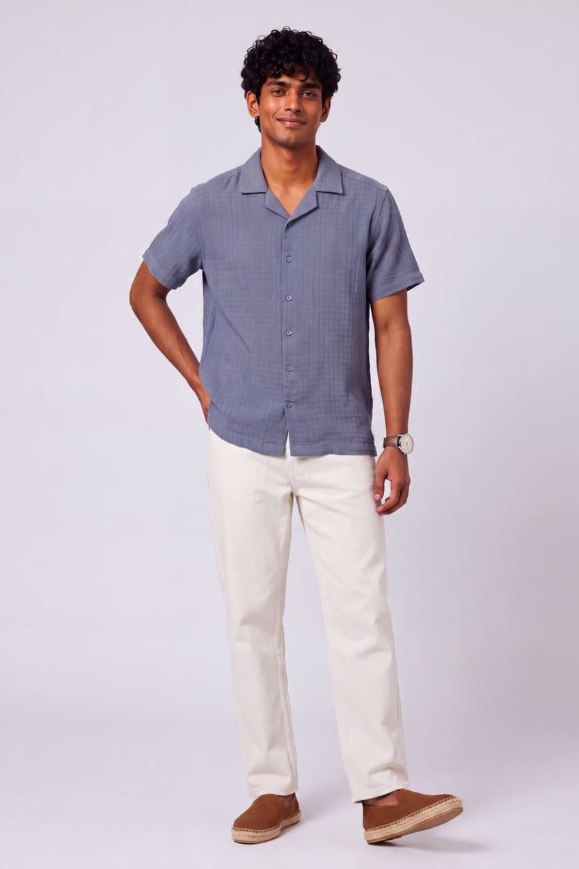 Mens Regular Fit Blue Self Design Casual Shirt - Image 6